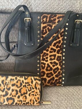 Michael Kors Black Leather Tote with Leopard Panel and Gold Studs